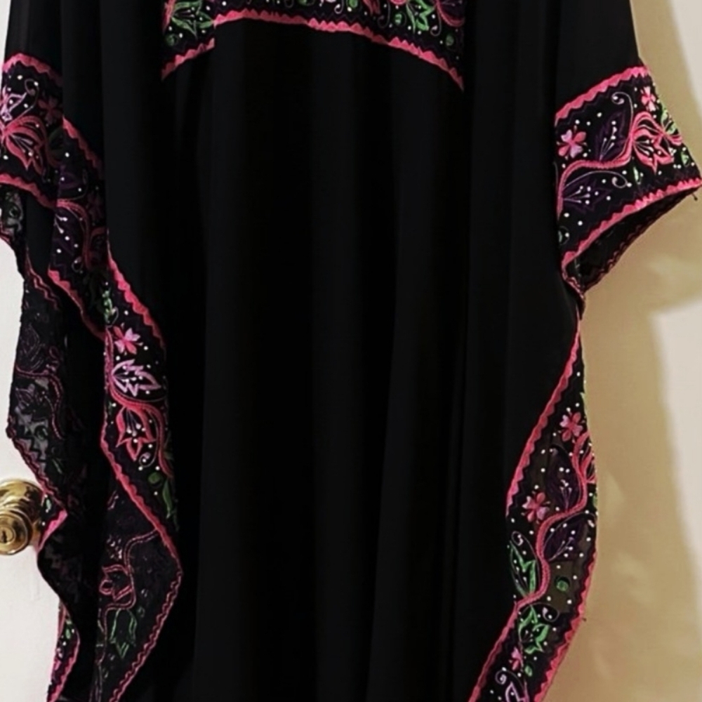 Elegant Black Maxi Dress with Pink and Green Accents